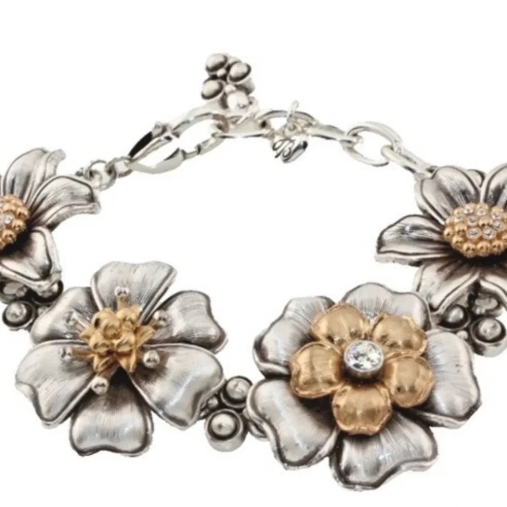 Brighton‎ Vintage Retro Garden Flower Two-Tone 3-D Crystal Brushed Bracelet